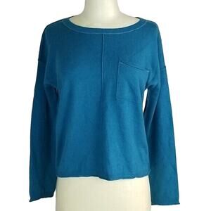 Sundance Sweater Women XS Blue Alpaca Wool Pullover Elbow Patch Boxy Boat Neck